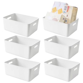 ATRDTO 6 Pack Plastic Storage Bins and Baskets, White Kitchen Spice Rack Organizer for Kitchen Cupboard Pantry Closet Classroom Bathroom 11.2 In x 7.6 In x 4.7 In Under Sink Organizer
