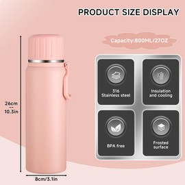 Boziee Stainless Steel Thermos Flask 800 ml with Cup Insulated Flask BPA Free Portable for Travel Coffee and Tea (Pink)