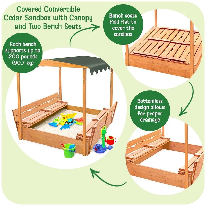 Badger Basket Cedar Sandbox for Kids with Canopy & Benches