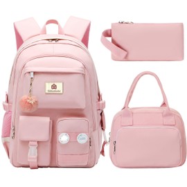 School Backpack for Teen Girls Women College Laptop Backpacks Kids Cute Bookbag Set with Lunch Box Pencil Case Elementary Middle High Campus Bag 3 Pcs Students Bookbags Sets Travel Daypack-Pink
