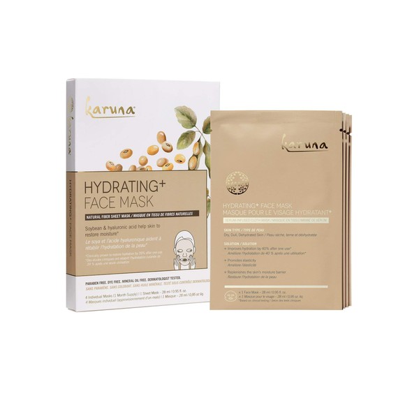 Karuna Hydrating+ Facial Sheet Mask: Soybean & Hyaluronic Acid Help Skin Restore Moisture, Natural Fiber Sheet Mask, 4 Count