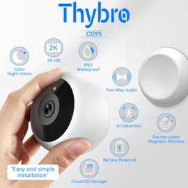 Thybro Magnetic Security Camera Wireless - 2Pack AI Motion Detection, 2K HD Video, Battery Powered, 360°, 2-Way Audio,IR Color Night Vision, Waterproof, Outdoor & Indoor Surveillance