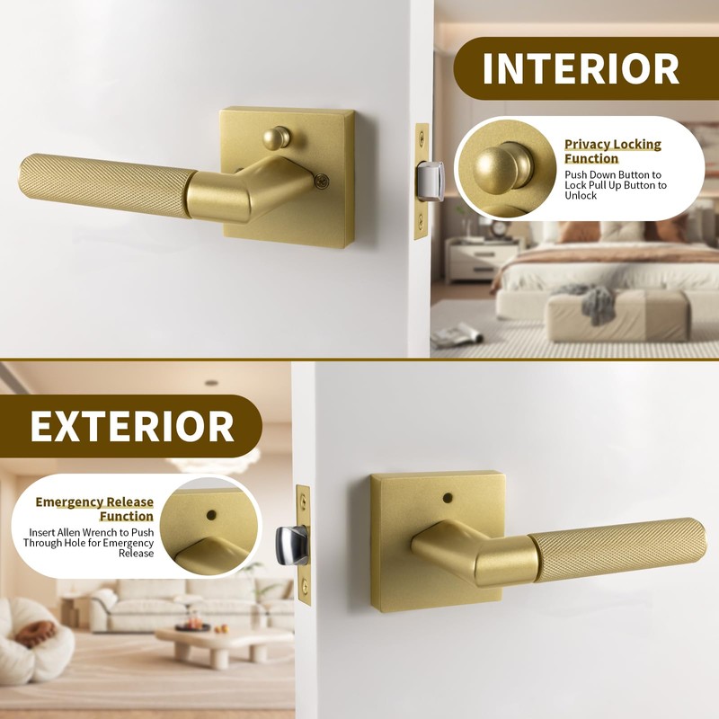 Bak Bo Interior Privacy Door Handle with Lock, Indoor Knurled