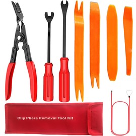 RITYHOFT Clip Pliers, Clip Clamp Tool, Screwdriver Type, Plier Type, Peel Off Lining, Panel Removal, Set of 9, Includes Storage Bag, Red