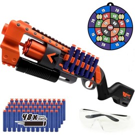 Foam Dart Blaster Toy Gun, Rotating 6-Dart Drum, Pump Action with 48 Darts, Target Board and Goggle