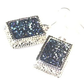 SILVER Vintage Style Ocean Blue Rainbow Titanium Druzy Rectangular Earrings