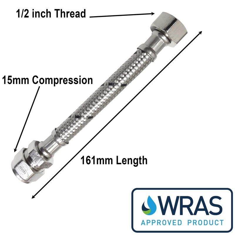 Reeds 15mm x 1/2inch Flexi 161mm Short Flexible Braided Tap