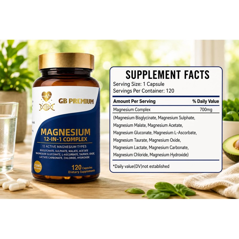 GB Premium Magnesium 12-in-1 Complex, 700mg per Serving, with Bisglycinate,