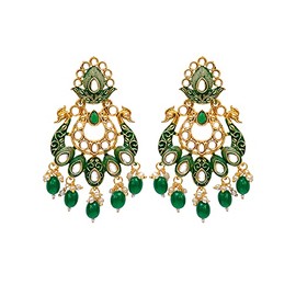 Crunchy Fashion Bollywood Jewellery Traditional Ethnic Bridal Bride Wedding Bridesmaid Indian Traditional Gold-Plated Peacock Design Green Stone Meenakari Dangler Earrings For Women Earrings