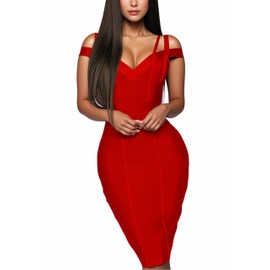 Hybrid & Company Womens Elegance V Neck Stretch Chic Bandage Dress DRBD132 RED M