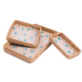 BROWNLILY Rattan Tray 3 Pcs with Mother of Pearl Inlay, Decorative Wicker Serving Tray for Bread Fruit Tea with Wooden Base, Boho Coastal Home Decor Baskets for Counter Decor & Organization (Scale)