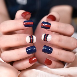 LINSSQ Pre-design Red Blue Press on Nails, Short Squoval Glossy False Nails, Beauty Manicure Kits Reusable UV Gel Fake Finger Multicolor Nail Art Tips for Daily Office Party