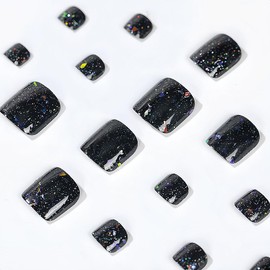 Black Press on Toenails Short Square Fake Toe Nails with Holographic Foil Glitters Design Glossy Acrylic Toe Nail Press ons Full Cover Purple Press on Toenails for Women 24Pcs