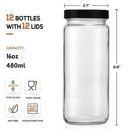 12 PACK, 16 OZ Glass Juice Bottles with Airtight Lids, Bonus 2 Straws & Perforated Lids, Reusable Juicer, Juicing Bottle - Clear Drinking Jars Cups, Water Bottles, Travel Juice Container, Black Caps