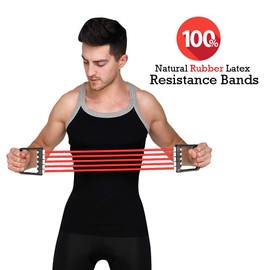 HealthAndYoga Chest Developer Exerciser - Variable Strength Builder - Includes Extra Resistance Band Upto 5 Resistance Bands - Durable and Non-Slip (Red)