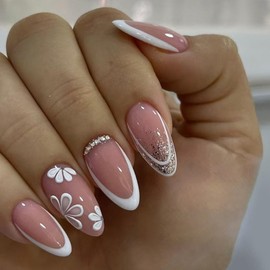 French Tip Press on Nails Medium Almond Fake Nails with Rhinestone Charms Design White Flower False Nails Gold Glitter Gradient Glue on Nails Floral Artificial Stick on Nails for Women Girls 24Pcs