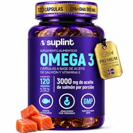 Omega 3 de Aceite de Salmón – 3000 mg por Porción con 540 mg de EPA y 360 mg de DHA + Vitamina E – Ácidos Grasos Omega 3 – Sin Gluten, Sin OGM – 120 C