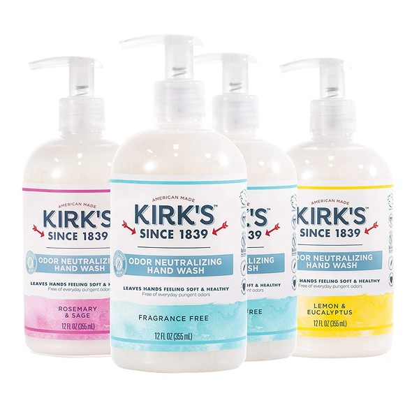 Odor-Neutralizing Natural Hand Soap by Kirk’s | Castile Liquid Soap Pump Bottle | Moisturizing & Hydrating Kitchen Hand Wash | 12 Fl Oz. Bottles | Variety 4-Pack