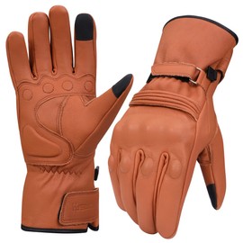 Harssidanzar Men's Motorcycle Gloves Winter Genuine Leather Full Finger Touchscreen Thermal Lined with Thinsulate Waterproof Motorcycles Motorbike Riding Gloves KM048,TAN,Size S