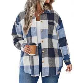 IN'VOLAND Women's Plus Size Plaid Shacket Long Sleeve Button Down Flannel Shirts Casual Jacket Coats Dark Blue