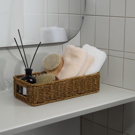 ORDELITE Basket for Toilet Paper Storage, Waterproof Wicker Baskets for Bathroom Counter Organizer, Small Storage Basket for Organizing Countertop Bathroom Bedroom Toilet Tank (Dark Brown)