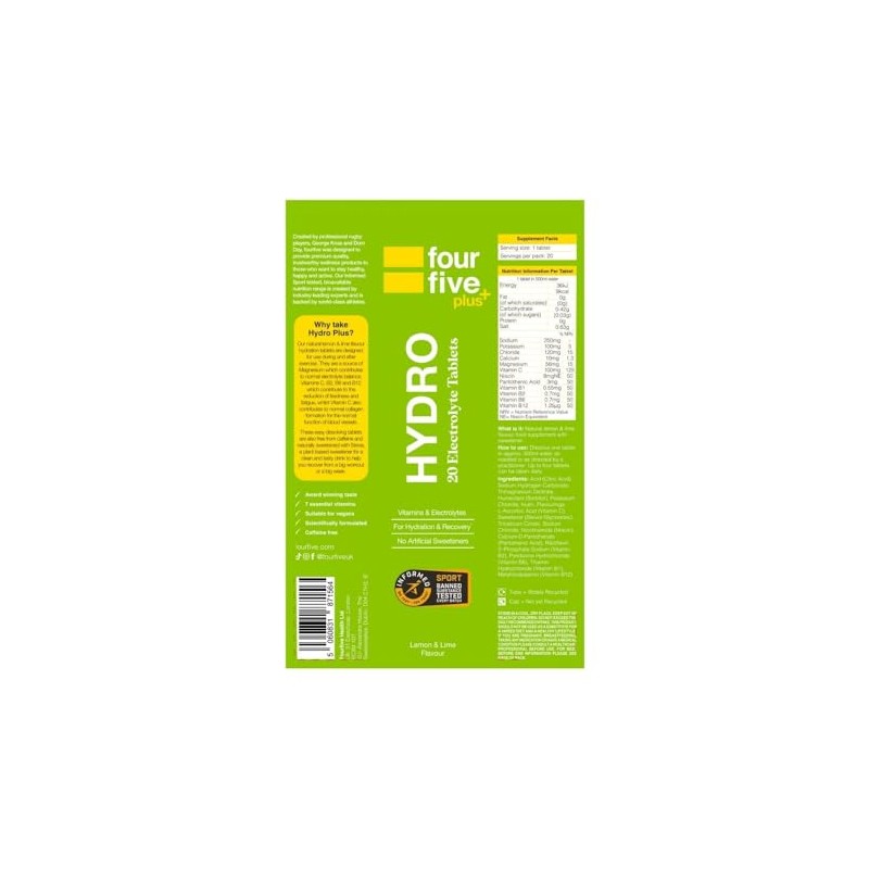 fourfive Hydration Tablets (Lemon&Lime) Low Calorie Vitamin Electrolytes, Vegan, Magnesium