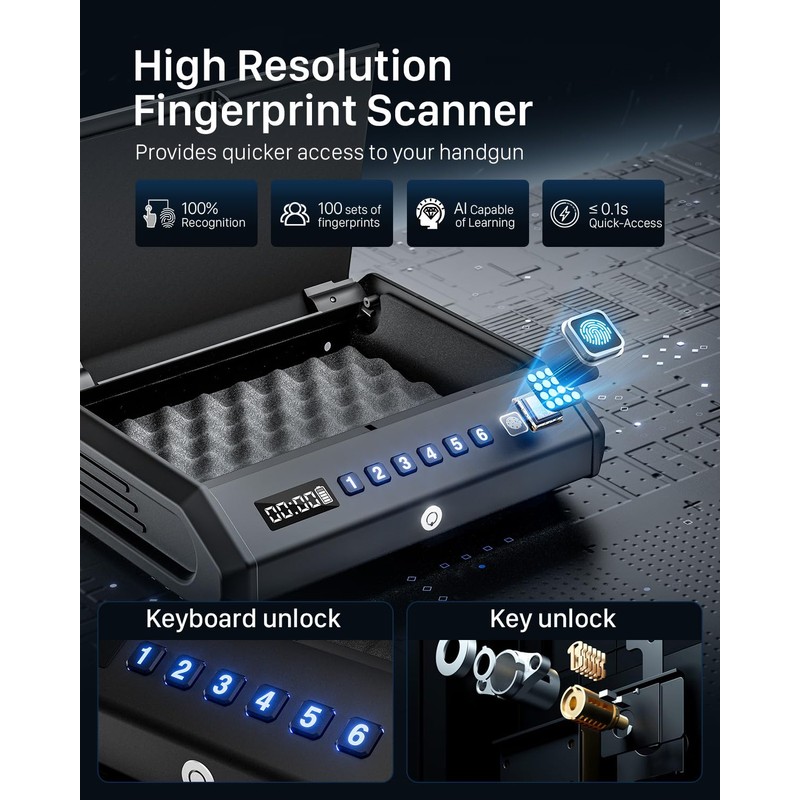 Rechargeable Gun Safe for Pistols 3-Ways unlock Biometric Fingerprint Digital