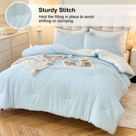 tohrisa Boho Comforter Set Queen Size Striped Pleats Bohemian Seersucker Bedding Set All Season Soft Cozy 3 Pieces Quilt with 2 Pillowcases(104"X90" Light Blue)