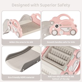 Indoor Kids Baby Couch Slide for Toddler 1-3, Sofa Slide Add-on Attachment for Bed Nugget Playgrounds, with Secure Base Guardrail, Gentle Slope Extended Buffer Zone, Fun Car Design, Pink