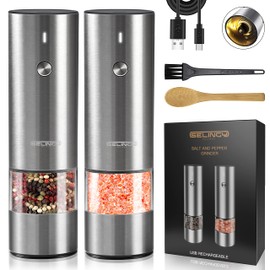 Rechargeable Electric Salt and Pepper Grinder Set - Stainless Steel, with USB Type-C Cable, LED Lights, Automatic Modern Electric Pepper Mill, 2 Adjustable Coarseness Mills, One Hand Operation