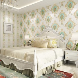 Q QIHANG Self-Adhesive Non-Woven Wallpaper Simple European Style 3D Embossed Damask AB Version Wallpaper Living Room Bedroom Bedside TV Background Wall 20.87" Wx236.22 L Peel and Stick (Cream B)
