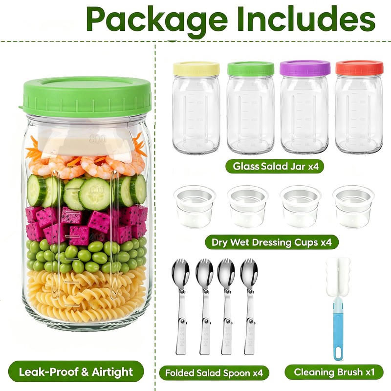 4 Pack 32oz Glass Salad Jars with 4 Lids,1 Cleaning