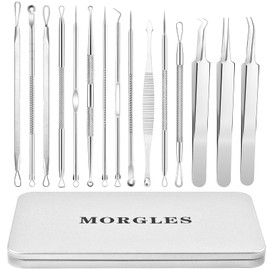 15 PCS Pimple Popper Tool Kit, MORGLES Stainless Steel Blackhead Remover Comedone Extractor Tools for Blemish, Acne, Zit, and Whiteheads for Face & Nose, Acne Tools with Metal Case (Silver)