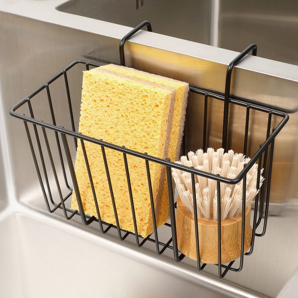 DAMITA Kitchen Sponge Holder Sink Basket Sink Caddy Brush Dishwashing Liquid Drainer Rack Black Medium