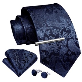 Enlision Navy Blue Ties Set for Men Paisley Necktie Formal Wedding Woven Silk Tie and Pocket Square Cufflinks with Clip