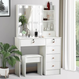 Unbranded Small Dressing Table Makeup Desk With 10 LED Light Mirrow,6 Drawer Storage,Stool