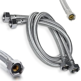 DecoSource Universal Stainless Steel Supply Hose for Faucet 1/2 Inch Comp x 1/2 Inch FIP Female Faucet Line Connector - Hot & Cold Water Supply - Laundry/Kitchen Sink (1 Pair, 16 Inch Long)