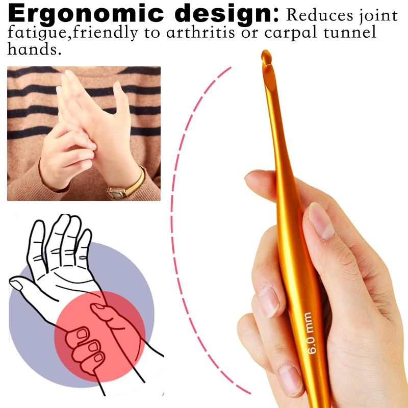 Svartur 6mm Crochet Hooks Ergonomic Handle, Hand-Polished Metal Aluminum Crochet