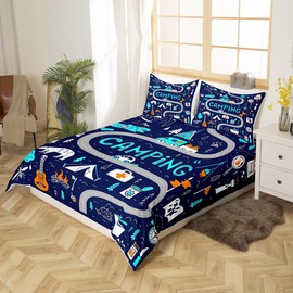 Feelyou Camping Duvet Cover Set Boys Cartoon Camping Pattern Comforter Cover,Safari Bedding Set Wild Adventure for Kids Child Bedroom Coverlet Set with Pillowcase Decor 2 Pcs Twin Size
