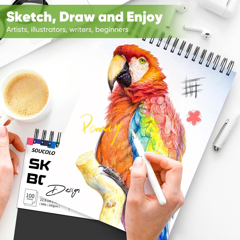 Soucolor 9" x 12" Sketch Book, 1-Pack 100 Sheets Spiral