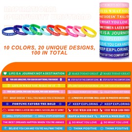 100 pulseras motivacionales de silicona, pulseras de goma de colores, mensajes inspiradores, muñequeras de silicona elástica, unisex, 10 colores, 20 estilos