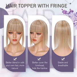 Elailite Hairpiece Real Hair Topper with Piny Toupee Women 25 cm 32 g Clip-In Extensions 150% Density Remy Straight 10 Inches #12/613 Balayage Blonde