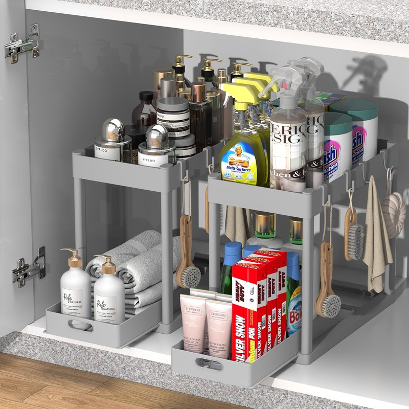 POUGNY 2PC Under Sink Organizer Rack 2 Tier Under Sliding