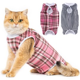 Avont 2 Pack Cat Recovery Suit - Kitten Onesie for Cats After Surgery, Surgical Spay Recovery Suit Female for Abdominal Wounds or Skin Diseases Protection -Black/Pink Plaid(M)
