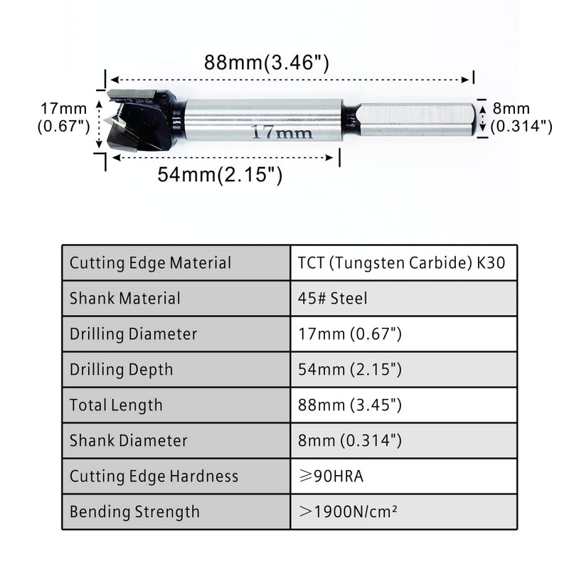 Forstner Drill Bits 17mm (11/16 inch) Tungsten Carbide Wood Hole