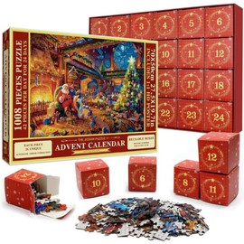 Christmas Advent Calendar 2024 Jigsaw Puzzle - 24 Boxes Packing 1008 Pieces Holiday Puzzle for Adults and Kids, Santa's Fireplace Christmas Countdown Puzzles Gift Decorations (A)