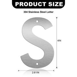 4 Inch Floating House Numbers and Metal Letters for Outdoor Signs, Modern 304 Stainless Steel Silver Address Numbers for Home, Apartment, and Garden Decor (Letter S)