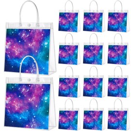 Kacctyen 24 Pcs Galaxy Party Clear PVC Gift Bags Starry Sky Favor Bags Space Treat Tote Starry Night Gift for Solar System Planet Birthday Baby Shower Party Supplies, 7.87 x 7.87 x 3.15 Inch