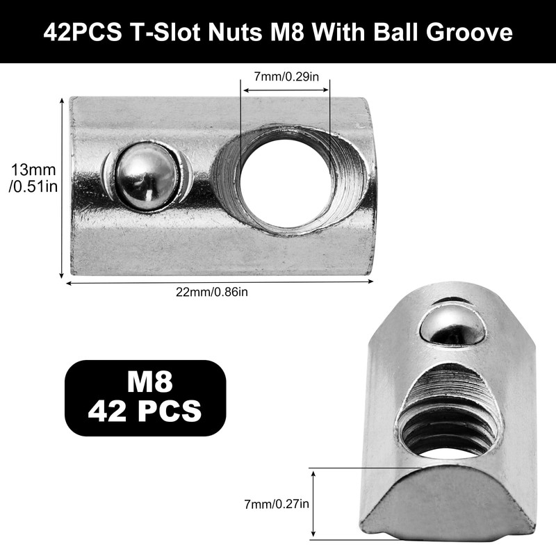 Amentalove Set of 42 T-Slot Nuts M8 with Centring Ball