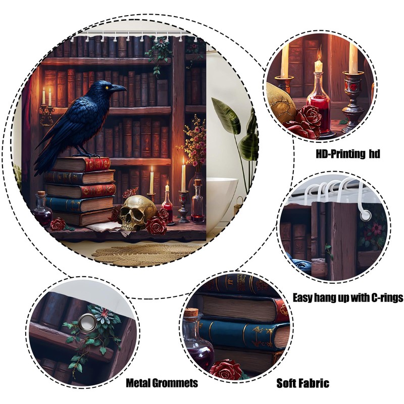 ZKJSMGS Gothic Halloween Shower Curtain,Crow Skull Bookshelf Library Spooky Witchy